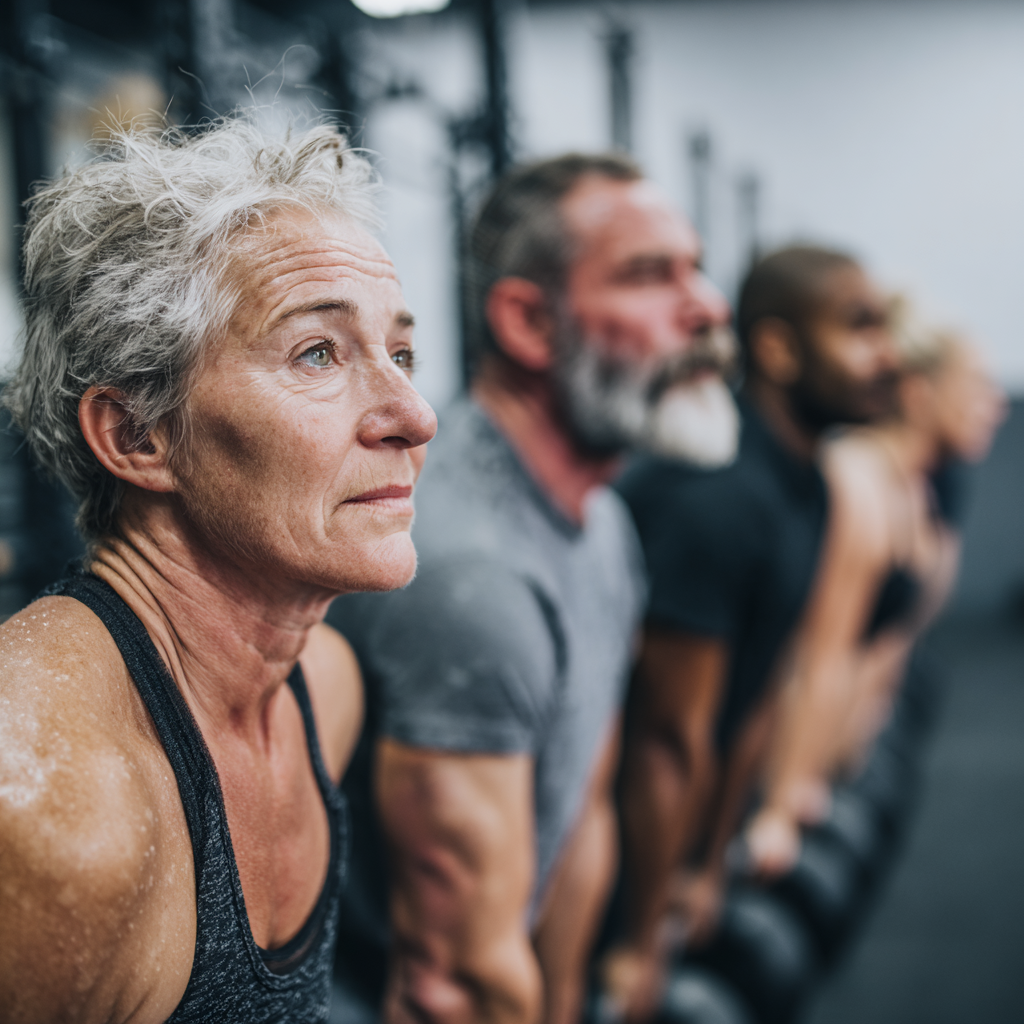 Група людей віком 50-60 років займається кросфітом в залі smarvedon під наглядом досвідченого тренера