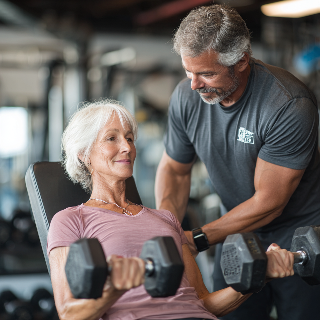 Персональний тренер працює з клієнтом віком 55 років, складаючи індивідуальну програму тренувань в smarvedon