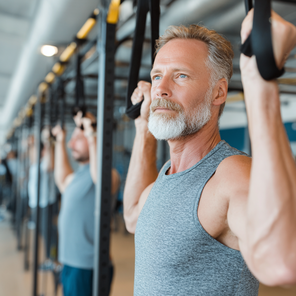 Активні люди віком 50-60 років виконують функціональні вправи у сучасному спортзалі smarvedon