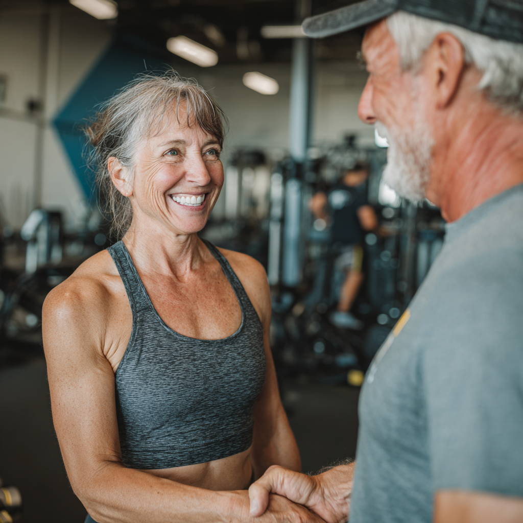Радісна жінка віком 58 років після успішного пробного тренування в smarvedon, тренер вітає її з досягненням